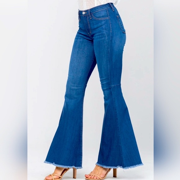 Judy Blue Denim - Judy Blue Super Flare Denim Bell Bottom Jeans High Waisted Frayed Hem 15 / 32